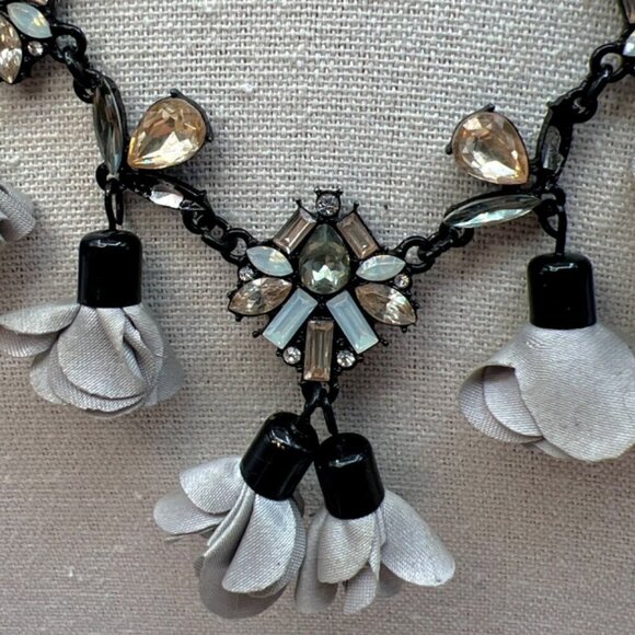 INC Statement Necklace With Fabric Flowers & Crystal Accents.  C16 - Picture 5 of 13
